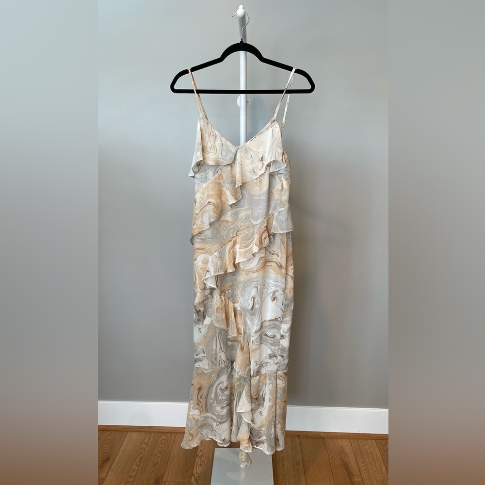 Blu Pepper Swirl Print Ruffle Maxi Dress in Cream and Tan